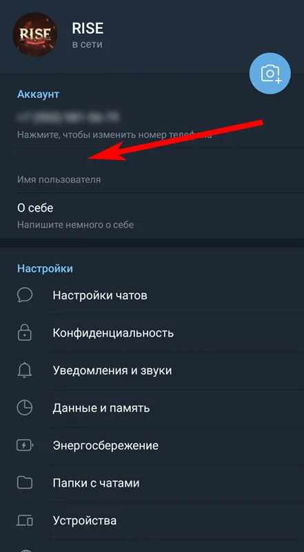 Поле «Имя пользователя» в настройках Telegram