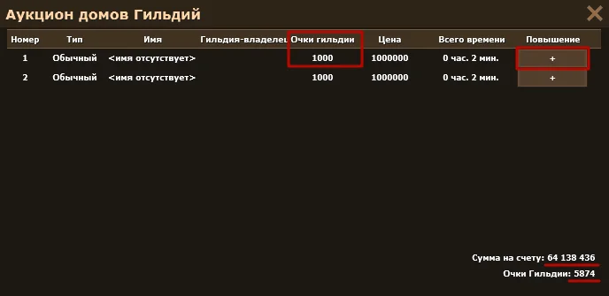 Окно «Аукцион домов Гильдий» со списком лотов и суммой на счету гильдии
