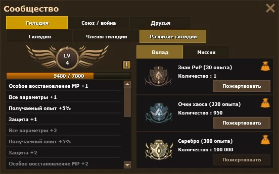 Вкладка «Вклад» в окне «Сообщество»: знак PvP, очки хаоса и серебро