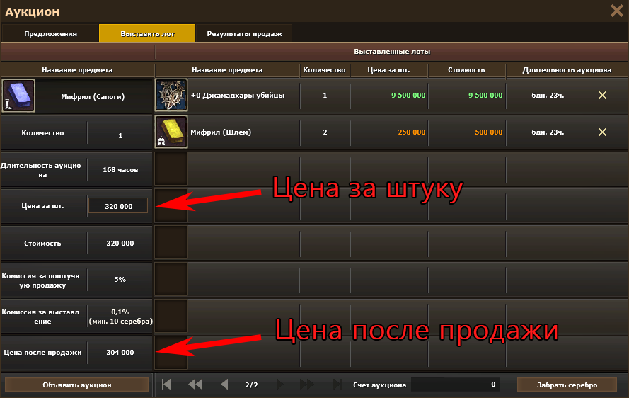 Вкладка «Выставить лот»: цена за штуку и цена после продажи